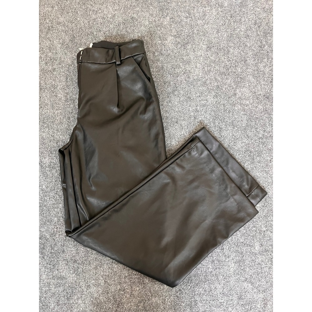 HM Womens Black Faux Leather Wide Leg Pleated Trousers High Rise Size 6